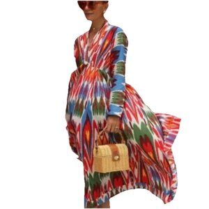 GUADALUPE Multicolor Ikat Pattern 3/4 Length Sleeve Midi Dress Sz S